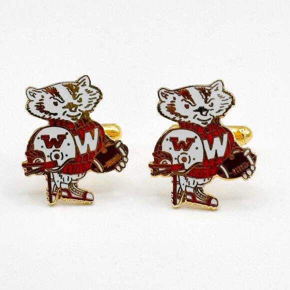 University of Wisconsin Enamel Cufflinks Bucky The Badger NCAA Goldtone - Picture 1 of 2